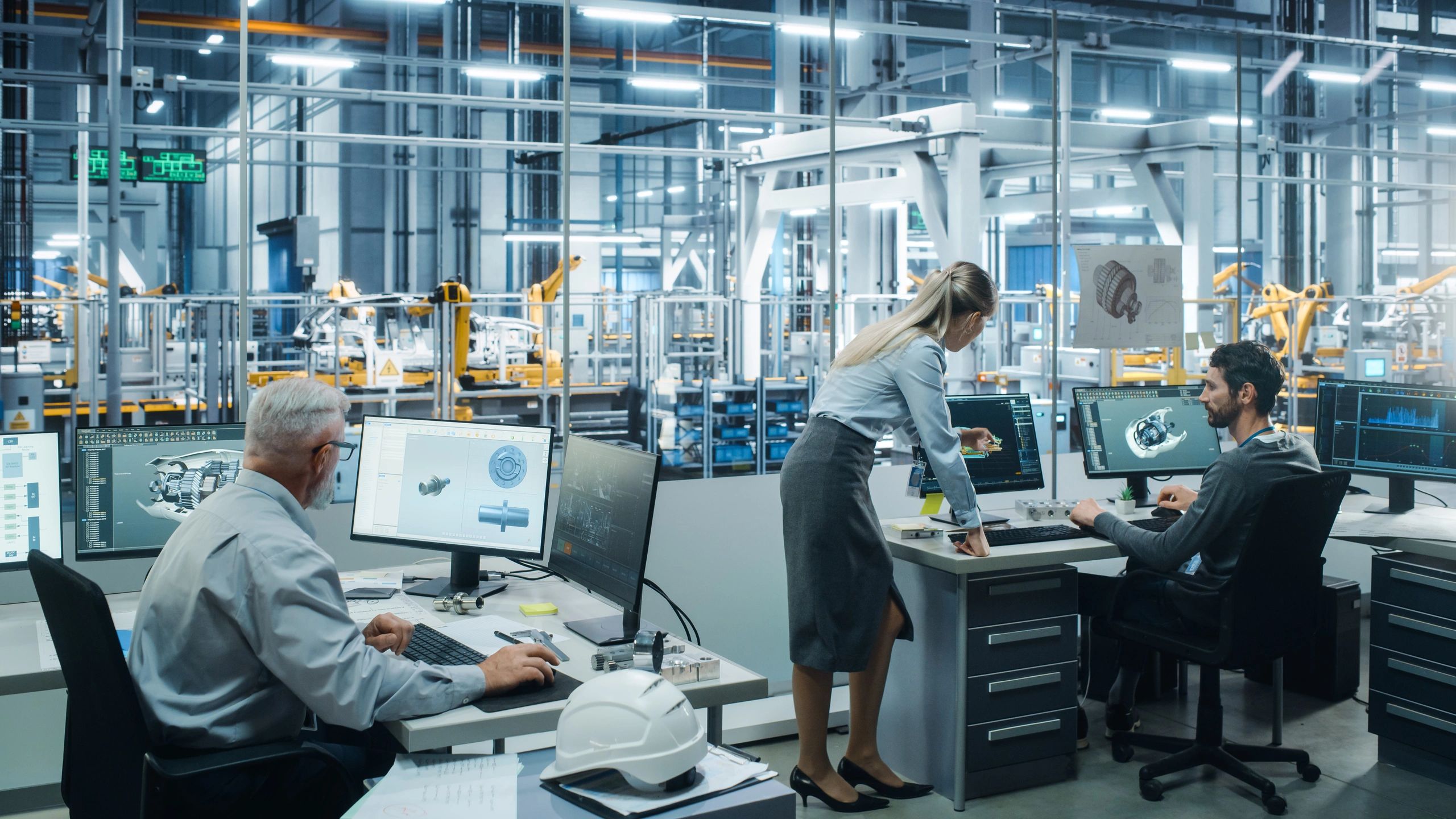 Manufacturing professionals reviewing data in a factory office